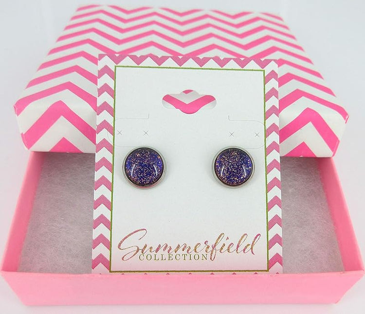 Summerfield Collection Stainless Steel Blue Red Purple and Gold Glitter Glass Stud Earrings Hand-painted 10mm