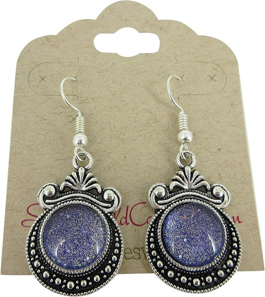 Summerfield Collection Antiqued Silver-tone Purple Gold Black Shimmer Glass Dangle Earrings Hand-painted