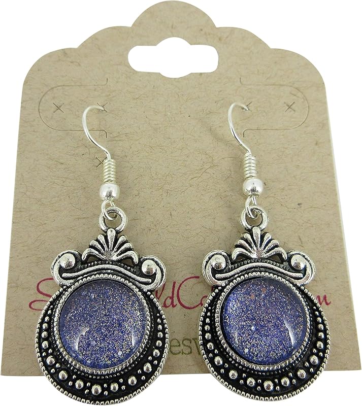 Summerfield Collection Antiqued Silver-tone Purple Gold Black Shimmer Glass Dangle Earrings Hand-painted
