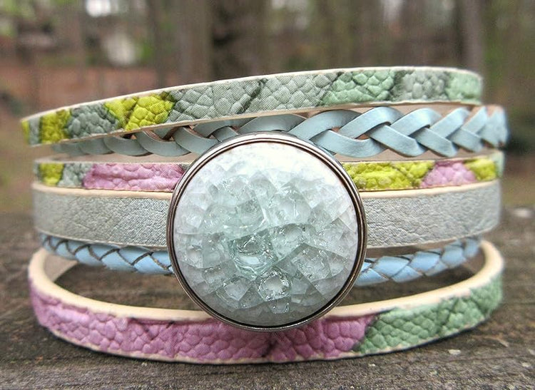 Summerfield Collection Interchangeable Snap Bracelet 3 Charm Set Blue Green Pink Glitter Glass Layered Leather