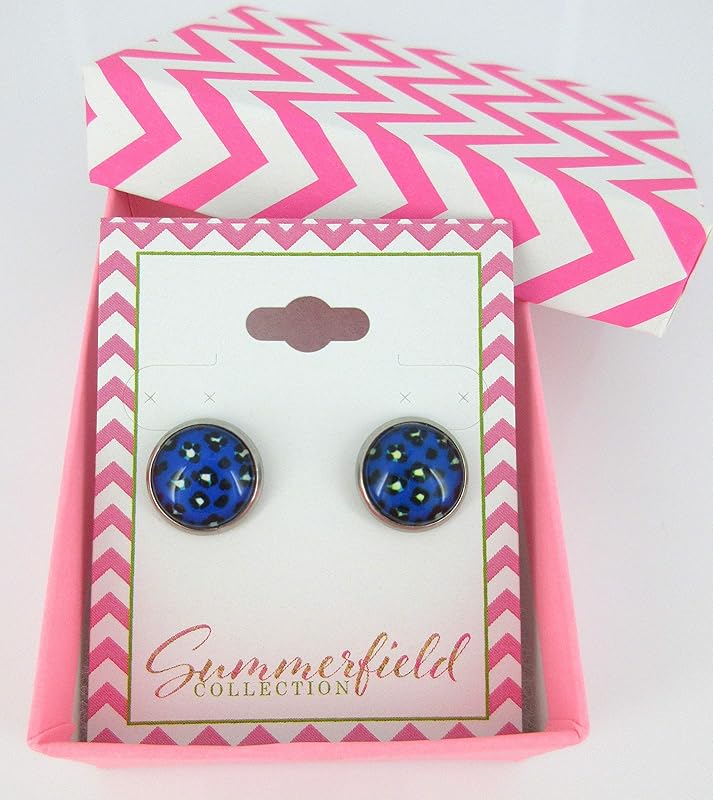 Summerfield Collection Stainless Steel Royal Blue Animal Print Glass Stud Earrings 12mm