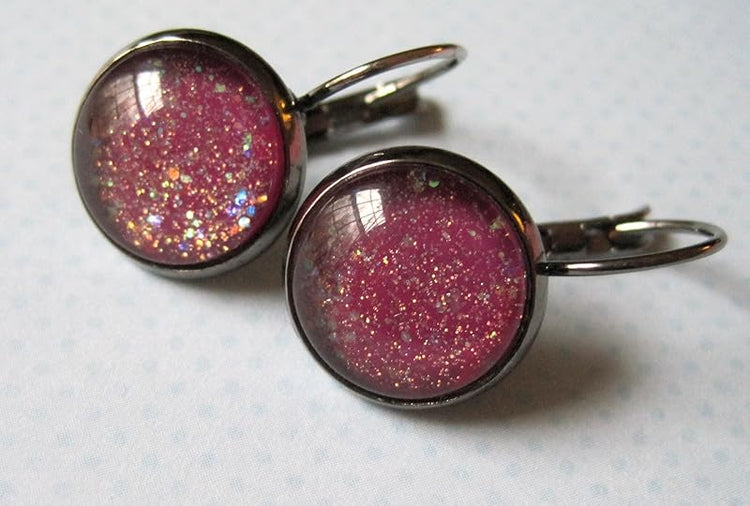 Summerfield Collection Hematite-tone Plum Berry Purple Glitter Glass Lever-back Drop Galaxy Earrings Hand-painted