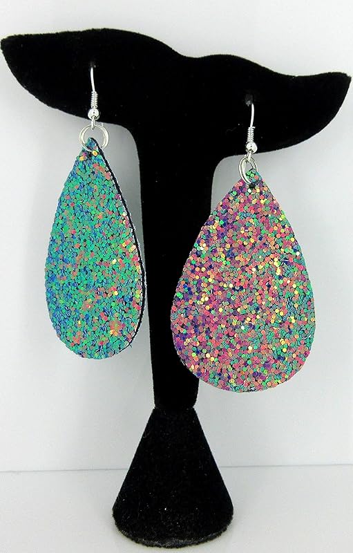 Summerfield Collection Silver-tone Glitter Faux Leather Large Teardrop Dangle Earrings (Teal and Pink)