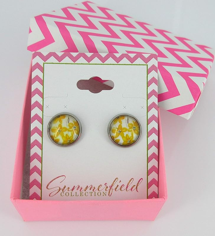 Summerfield Collection Stainless Steel Yellow Flower Print Glass Stud Earrings 12mm