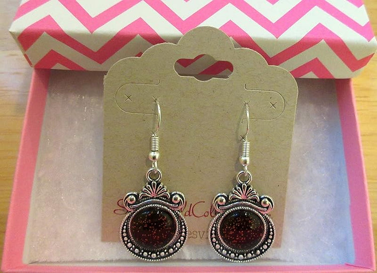 Summerfield Collection Antiqued Silver-tone Black Rainbow Duo-chrome Glitter Glass Dangle Earrings Hand-painted