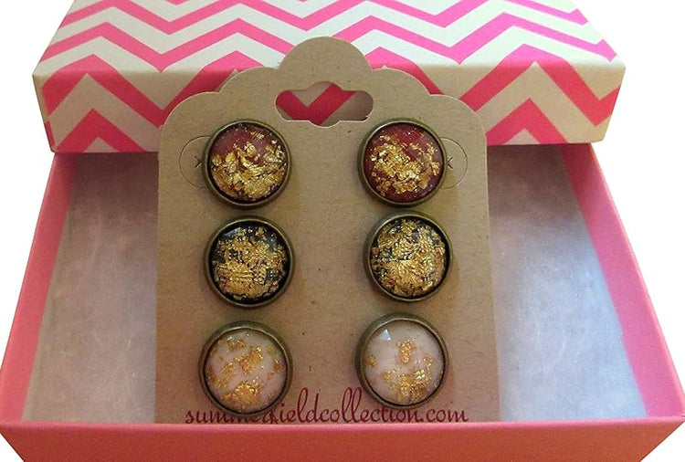 Summerfield Collection Trio Antiqued Gold-tone Leaf Foil Faceted Resin Stud Earrings Set 12mm (Red/Navy Blue/White)
