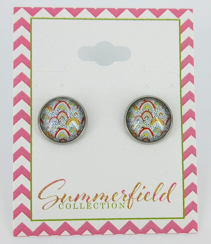 Summerfield Collection Stainless Steel Yellow Blue Vintage Rainbows Print Glass Stud Earrings 12mm Dots