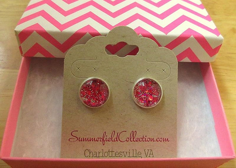 Summerfield Collection Silver-tone Hot Pink and Pearly White Glitter Glass Stud Earrings Hand-painted 12mm