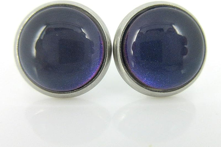 Summerfield Collection Stainless Steel Dark Blue Teal Purple Glass Stud Earrings Hand-painted 10mm