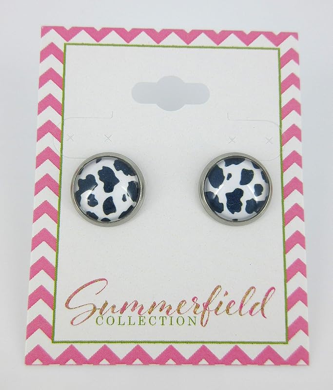 Summerfield Collection Stainless Steel Cow Animal Print Glass Stud Earrings 12mm Black (Black)