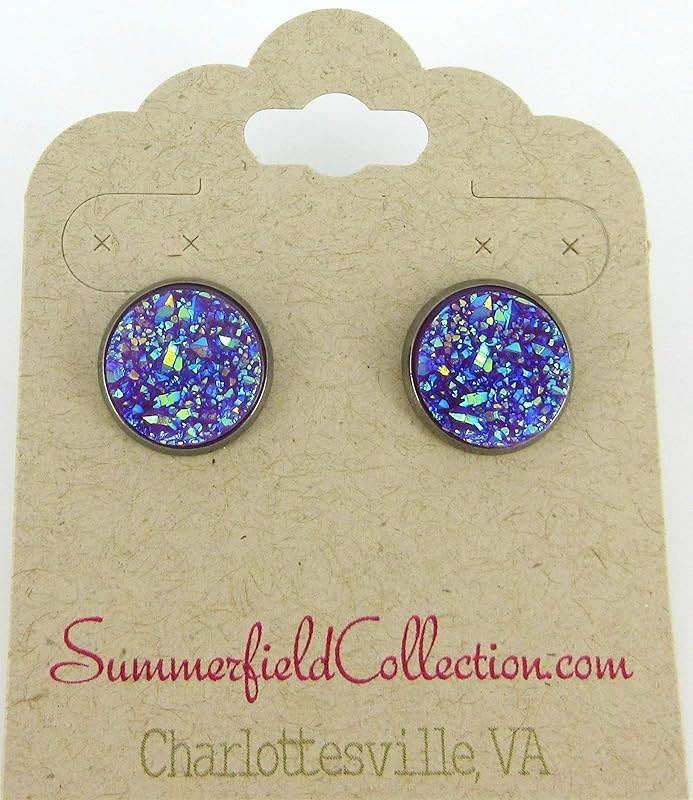 Summerfield Collection Hematite-tone Faux Druzy Stone Stud Earrings 12mm (Purple AB)
