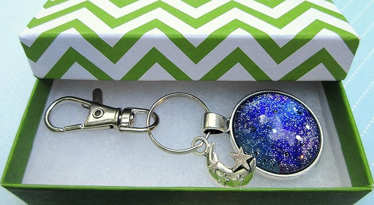 Summerfield Collection Antiqued Silver-tone Glitter Glass Galaxy Keychain Moon and Star Charm Hand-painted
