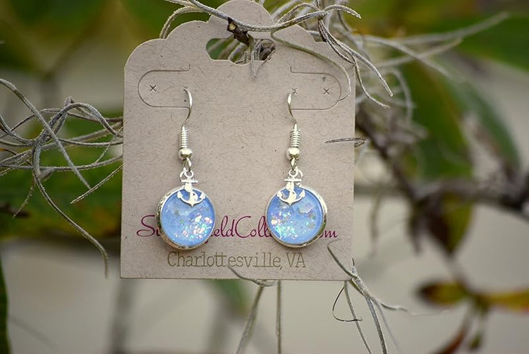 Summerfield Collection Silver-tone Blue Iridescent Glitter Glass Anchor Charm Dangle Earrings