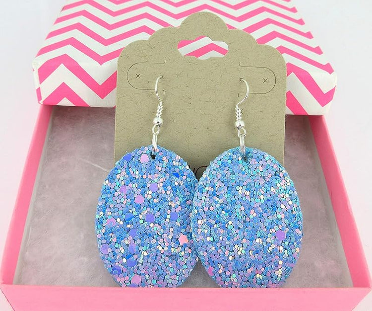 Summerfield Collection Silver-tone Glitter Faux Leather Oval Dangle Earrings (Sky Blue AB)