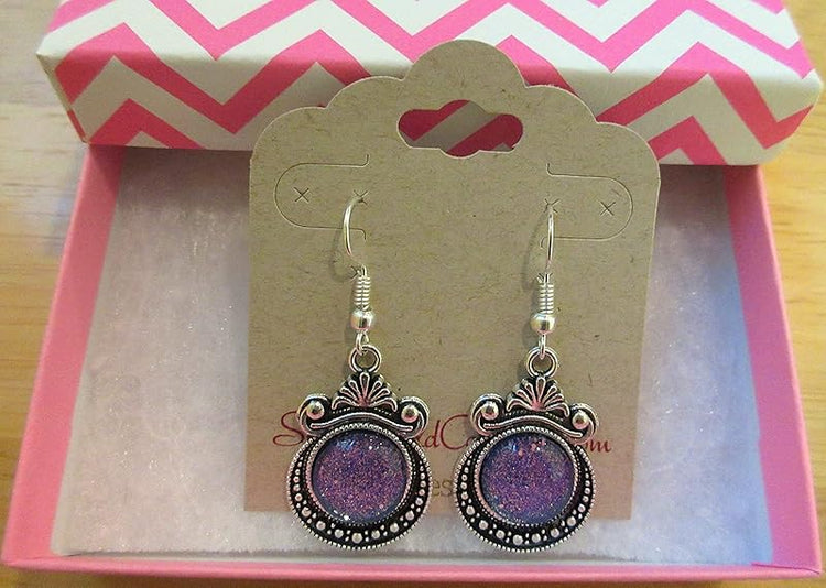 Summerfield Collection Antiqued Silver-tone Purple Gold Black Shimmer Glass Dangle Earrings Hand-painted