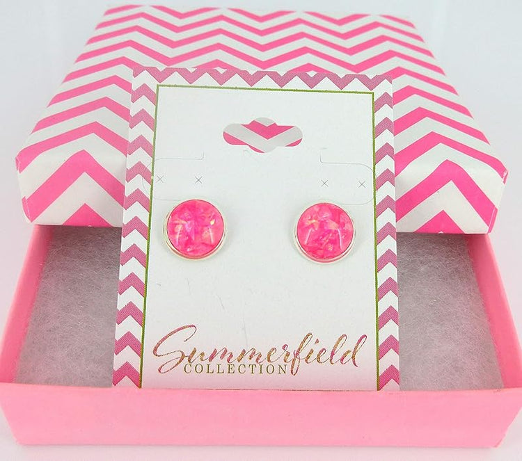 Summerfield Collection Shiny Silver-tone Opalescent Leaf Resin Stud Earrings 10mm (Hot Pink)