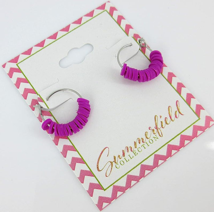 Summerfield Collection 15mm Stainless Steel Polymer Clay Katsuki Bead Hoop Earrings (Neon Purple)