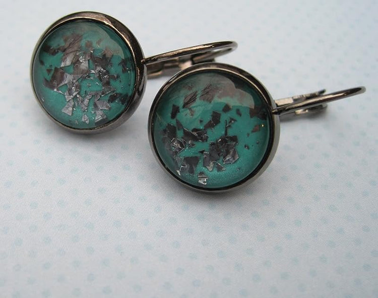 Summerfield Collection Hematite-tone Teal Blue Green Flake Glitter Glass Lever-back Drop Earrings Hand-painted