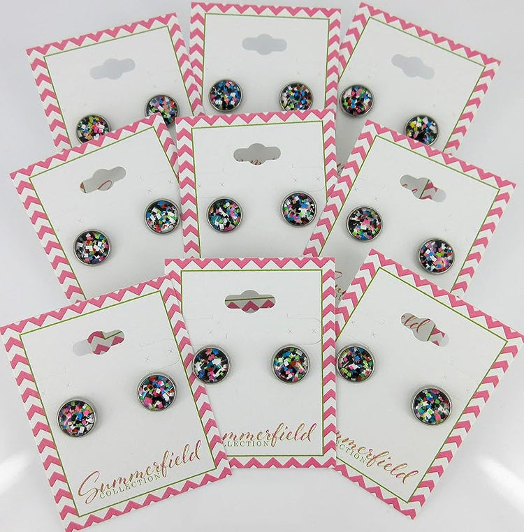 Summerfield Collection Stainless Steel Pixel Party Glitter Glass Stud Earrings Hand-painted 10mm
