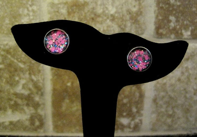 Summerfield Collection Silver-Tone Charcoal Gray and Neon Pink Glitter Glass Stud Earrings 12mm
