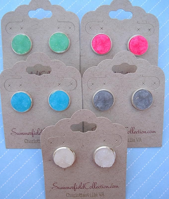 Summerfield Collection Silver-tone Faux Druzy Stone Stud Earrings 12mm (Neon Pink)