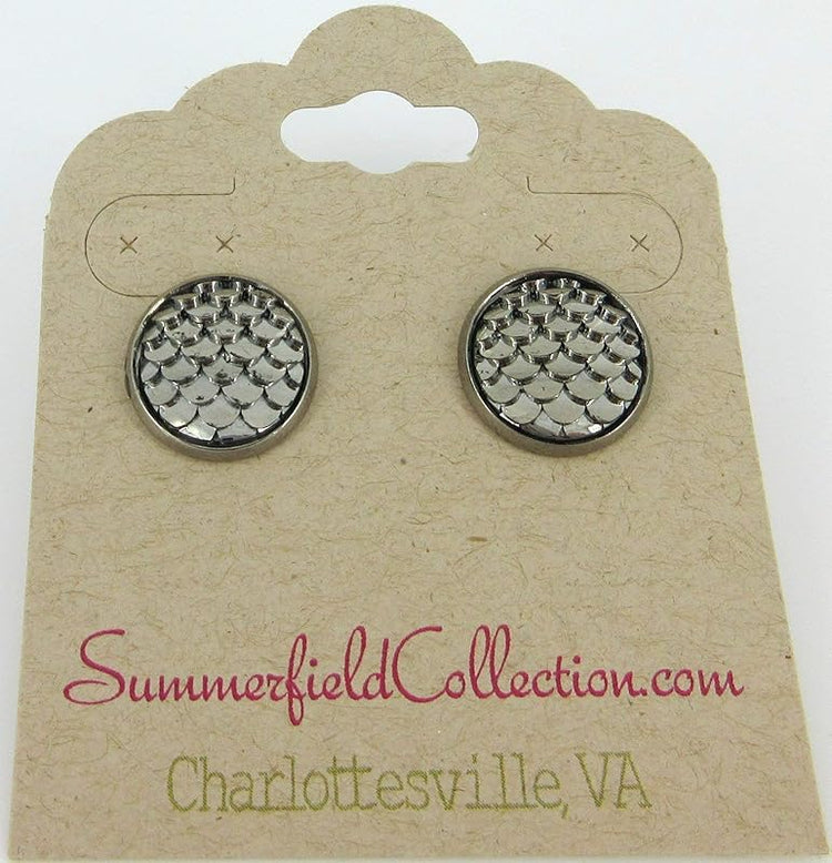 Summerfield Collection Hematite-tone Metallic Dragon Scale Stud Earrings 12mm Gunmetal Gray Mermaid