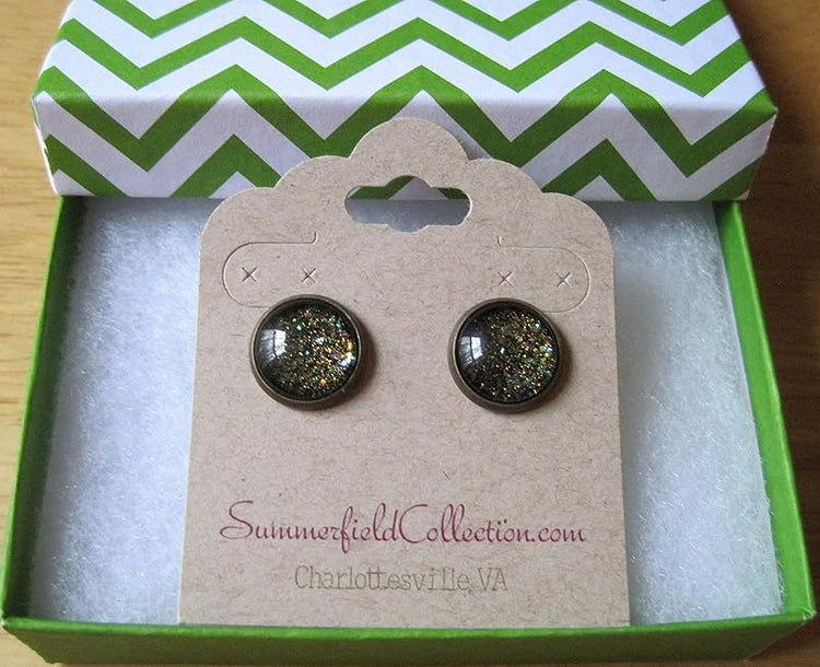 Summerfield Collection Antiqued Gold-tone Black Glitter Glass Galaxy Stud Earrings 12mm Hand-painted