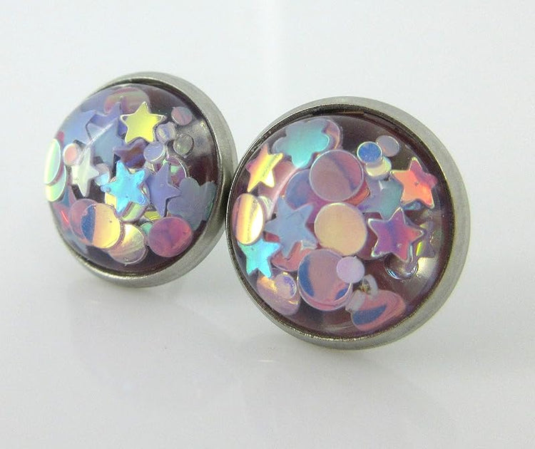 Summerfield Collection Stainless Steel Glitter Resin Globe Stud Earrings 12mm (Lilac)