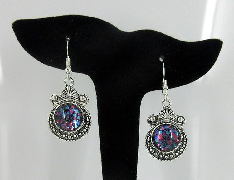 Summerfield Collection Antiqued Silver-tone Blue Purple Pink Chunky Glitter Glass Dangle Earrings Hand-painted