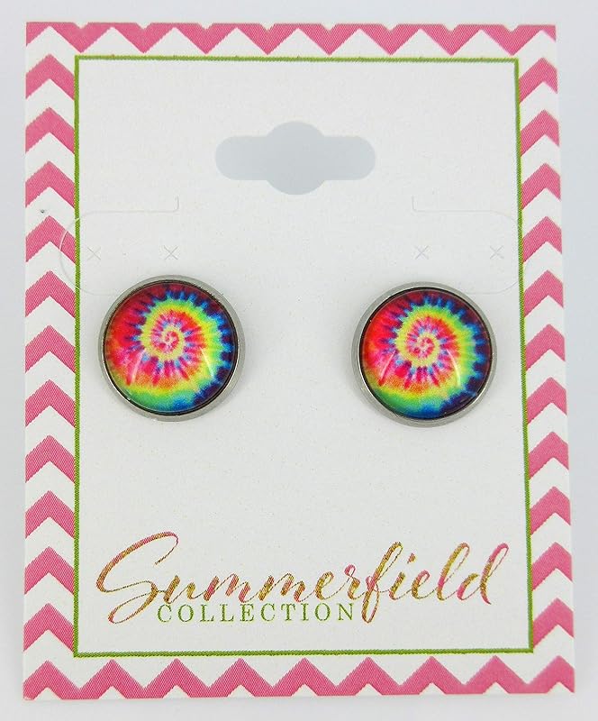 Summerfield Collection Stainless Steel Tie Dye Print Glass Stud Earrings 12mm (Purple/Red Swirl)