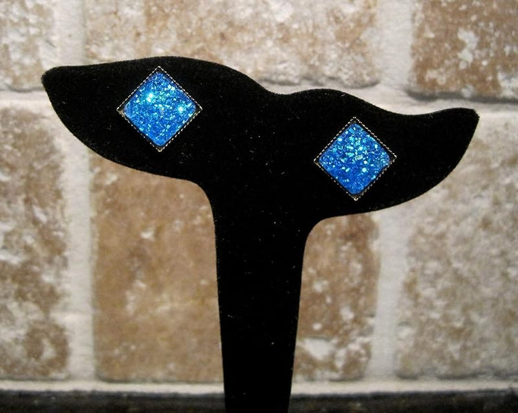 Summerfield Collection Geometric Square Shaped Flat Faux Druzy Stud Earrings 12mm Statement Antiqued Gold-tone (Royal Blue)