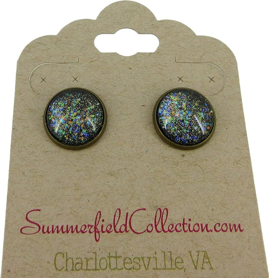 Summerfield Collection Antiqued Gold-tone Black Glitter Glass Galaxy Stud Earrings 12mm Hand-painted