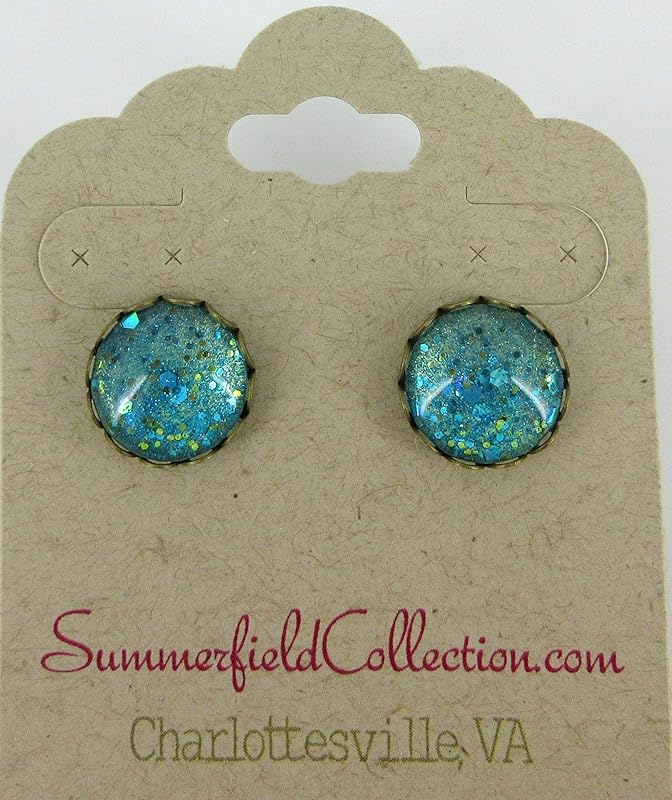 Summerfield Collection Antiqued Gold-tone Seafoam Green and Blue Glitter Glass Stud Earrings Hand-painted 12mm
