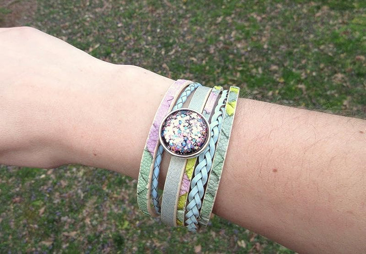Summerfield Collection Interchangeable Snap Bracelet 3 Charm Set Blue Green Pink Glitter Glass Layered Leather