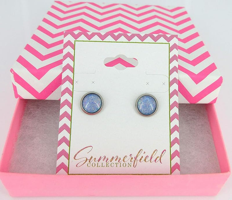 Summerfield Collection Stainless Steel Sky Blue and Rainbow Glitter Flake Glass Stud Earrings Hand-painted (8mm)