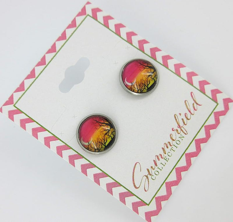 Summerfield Collection Stainless Steel Winter Sunset Print Glass Stud Earrings 12mm