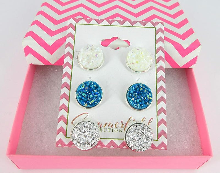 Summerfield Collection Trio Silver-tone White AB Blue Stud Earrings 12mm Faux Druzy Stone Set