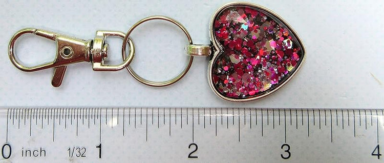 Summerfield Collection Antiqued Silver-tone Pink and Black Glitter Glass Heart Keychain Hand-painted