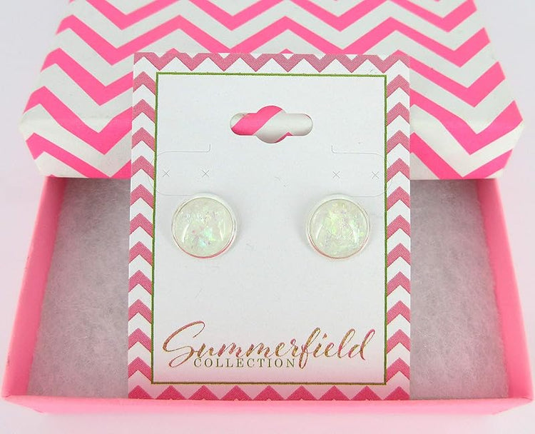 Summerfield Collection Shiny Silver-tone Opalescent Leaf Resin Stud Earrings 10mm (White)