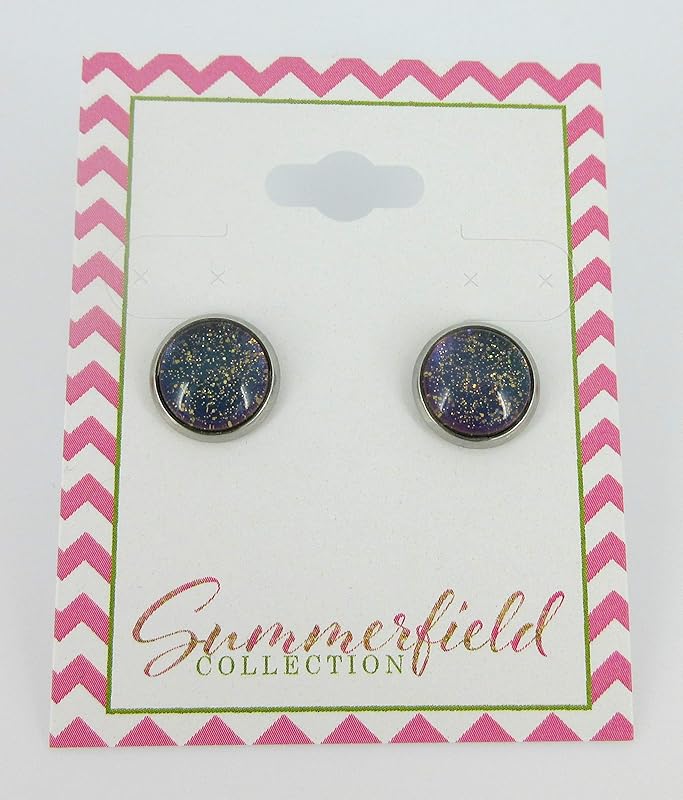 Summerfield Collection Stainless Steel Blue Purple Gray Glitter Glass Stud Earrings Hand-painted 10mm