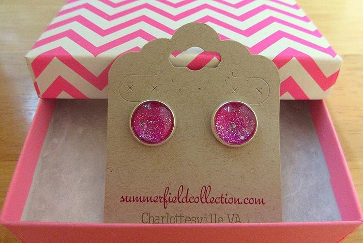 Summerfield Collection Silver-tone Twinkle Glitter Glass Galaxy Stud Earrings Hand-painted 12mm (Magenta Pink)