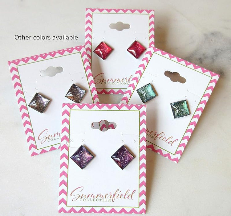 Summerfield Collection Stainless Steel Purple and Rainbow Glitter Glass Stud Earrings Hand-painted Square 10mm