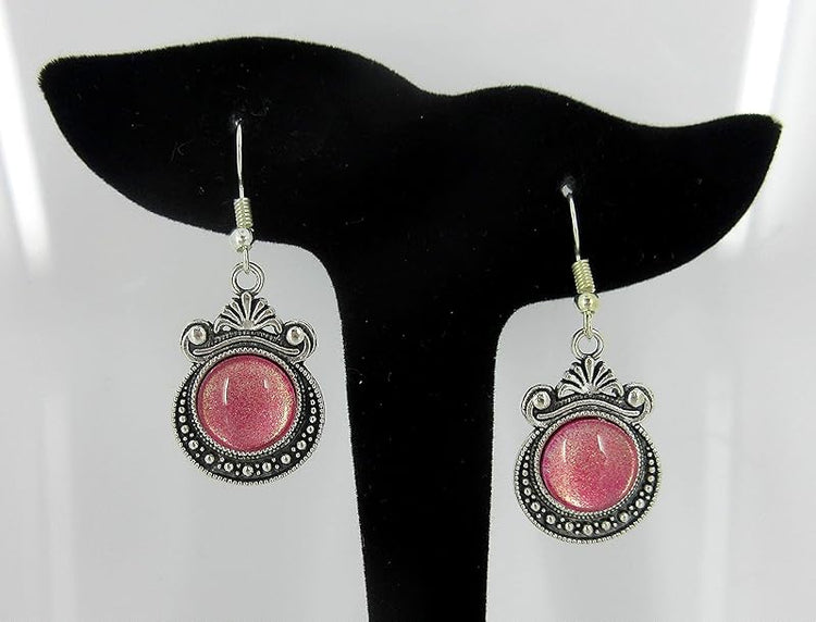 Summerfield Collection Antiqued Silver-tone Pink Shimmer Glitter Glass Dangle Earrings Hand-painted