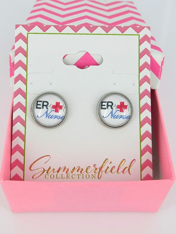 Summerfield Collection Stainless Steel ER Nurse Print Glass Stud Earrings 12mm White Black Red