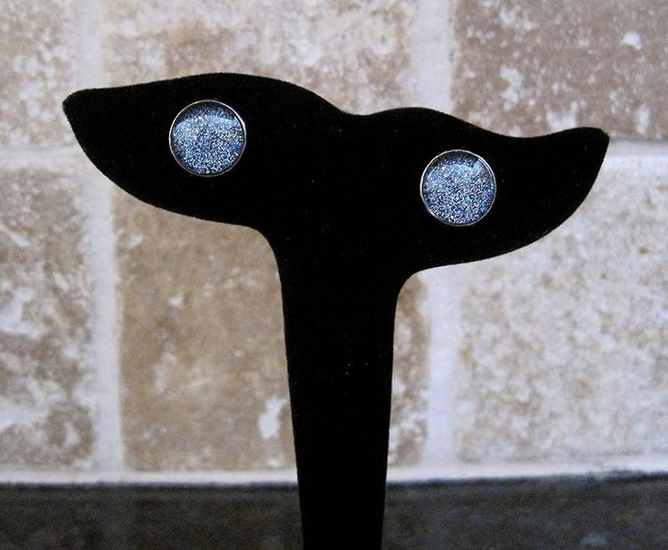 Summerfield Collection Hematite-tone Blue Holographic Glitter Glass Galaxy Stud Earrings Hand-painted 12mm