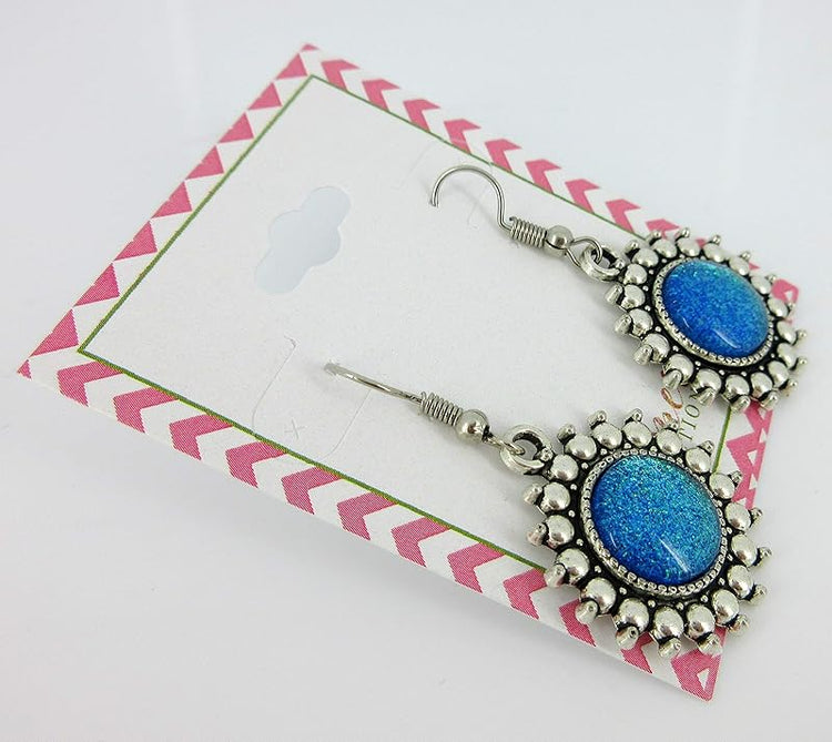 Summerfield Collection Antiqued Silver-tone Blue Green Glitter Glass Dangle Earrings Hand-painted