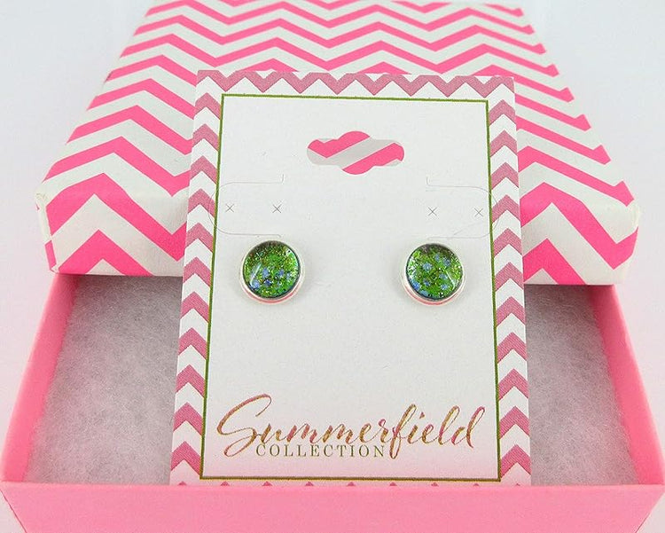 Summerfield Collection Silver-tone Green and Blue Glitter Glass Stud Earrings Hand-painted 8mm
