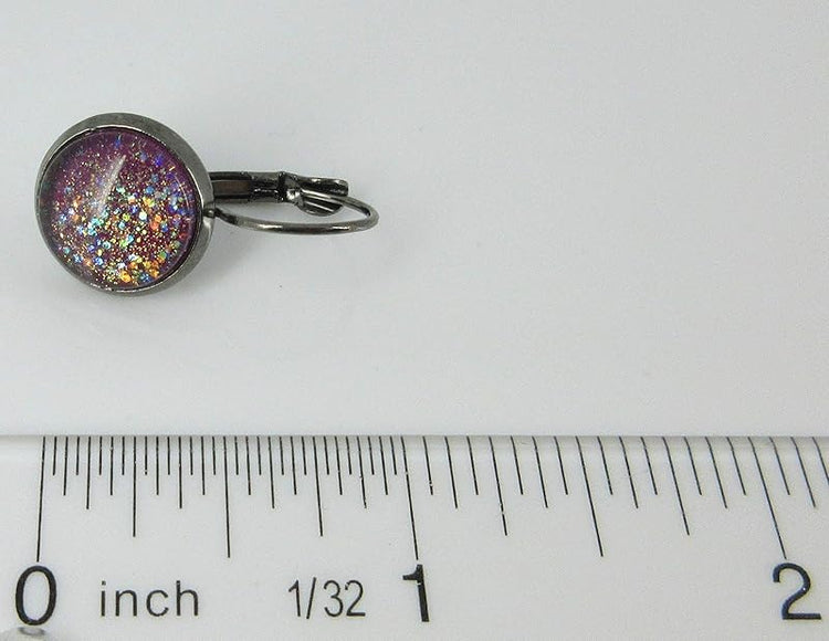 Summerfield Collection Hematite-tone Plum Berry Purple Glitter Glass Lever-back Drop Galaxy Earrings Hand-painted