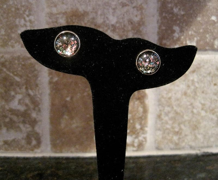 Summerfield Collection Rose Gold-tone Confetti Glitter Black Glass Stud Earrings Hand-painted 12mm