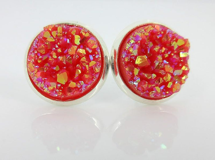 Summerfield Collection Sunset Trio Silver-tone Stud Earrings 12mm Red Orange Yellow AB Faux Druzy Stone Set